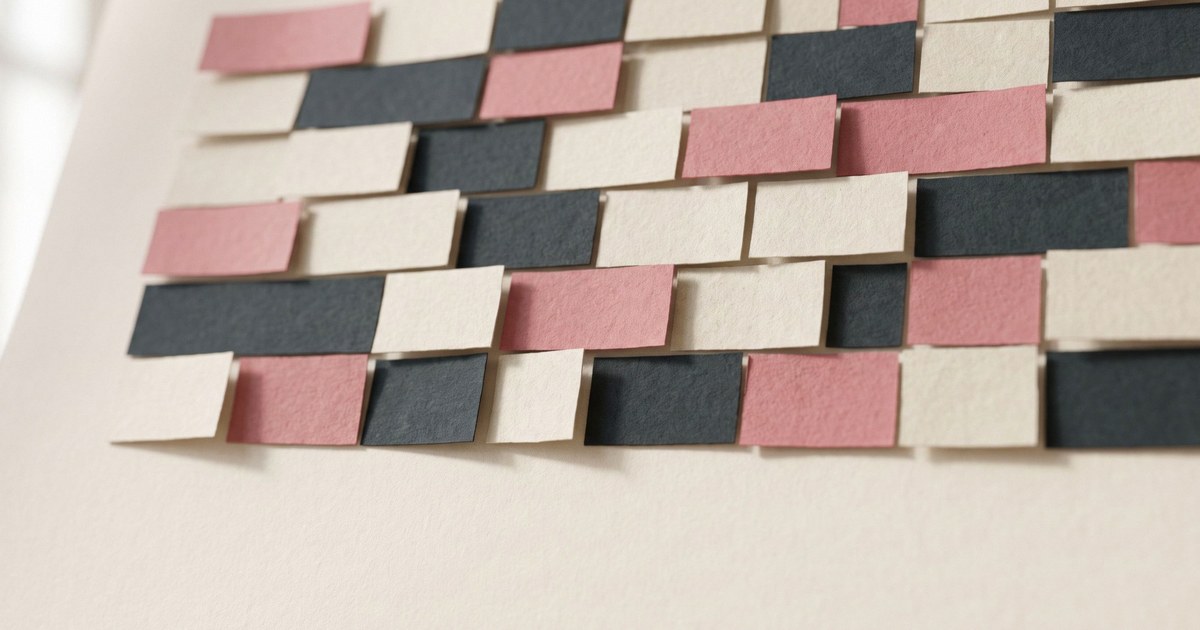A grid of blank paper-cut tiles in linen, charcoal and dusty rose on an off-white background.