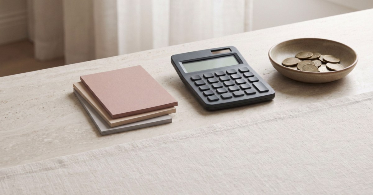 A stack of blank pastel cards, a charcoal calculator and a ceramic dish of brass tokens on a pale stone counter.