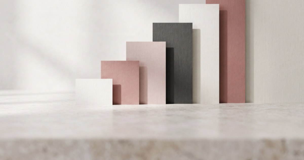 Six paper panels in white, dusty rose and charcoal standing in a rising row of steps on a pale stone surface.