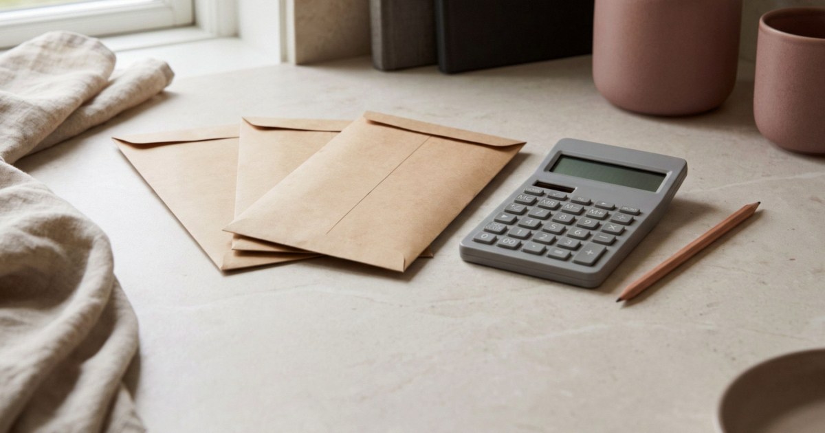 Three plain kraft paper envelopes beside a grey desk calculator and a pencil on a pale stone counter.