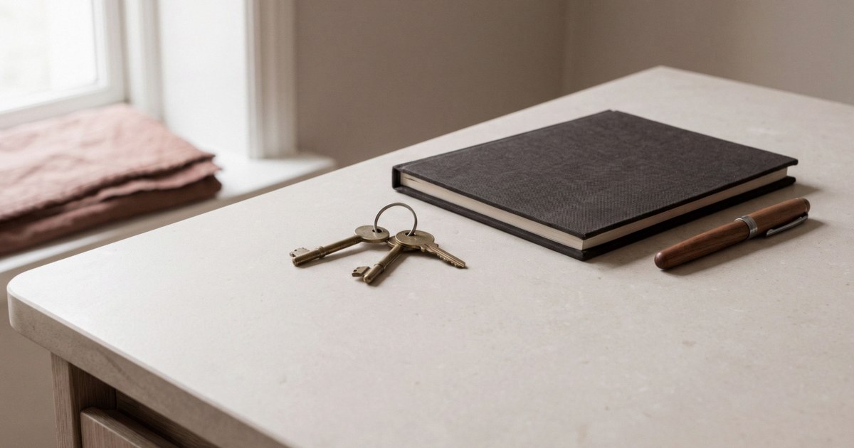 Two brass keys on a ring beside a closed charcoal notebook and a wooden pen on a pale stone counter near a window.